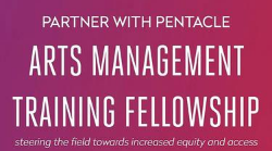 red to pink gradient background with the text "partner with pentacle in its arts management training fellowship"