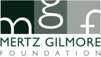 Lowercase letters "MGF" are inside a horizontal rectangle with a background that changes from dark green to light gree. "Mertz Gilmore Foundation" text sits underneath.