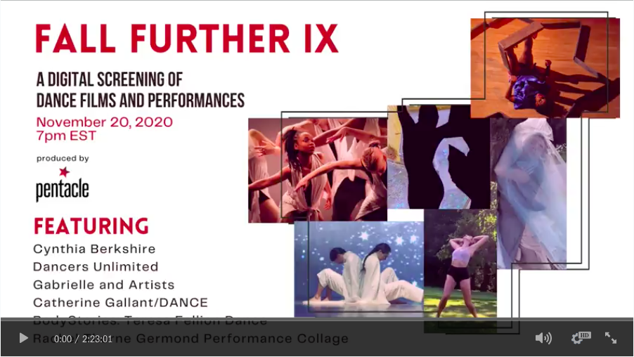 A video player with text about Fall Further IX and a grid using pictures of the participating dance companies.