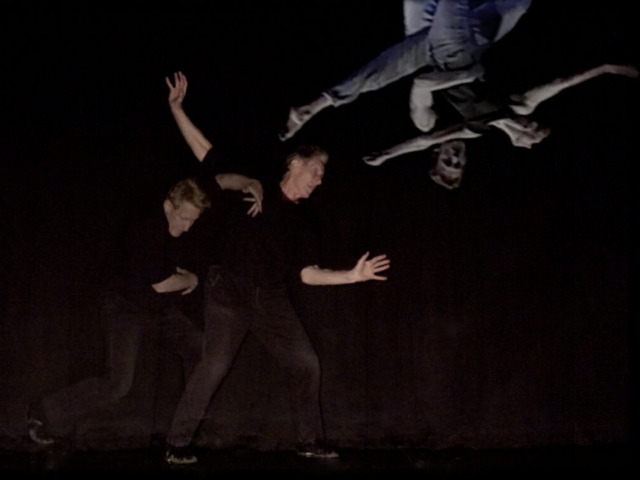 Art Bridgman is positioned in the center of the photo, captured mid-movement with his arms extended and torso shifting dynamically. Just behind him, another present-day image of Bridgman echoes the motion in a slightly different pose. Above them, an inverted archival image of his younger self appears to tumble through the air.