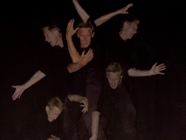 Art Bridgman appears several times within the same frame, each instance showing a different gesture or moment of movement. At the center, Bridgman stands upright with arms curved outward in a poised, expressive shape. Around him, additional images—from both current performance and archival video—radiate outward like temporal shadows.